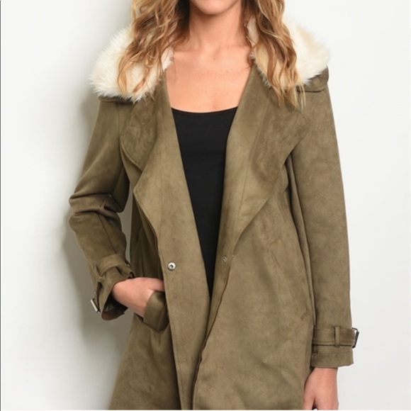 LAST ONE Vegan Suede Trench Coat w Fur trim - Picture 4 of 8